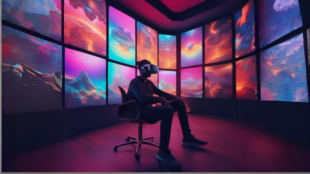 mężczyzna siedzący na krześle, mający na głowie okulary VR, w ciemnym pokoju z kolorowymi obrazami